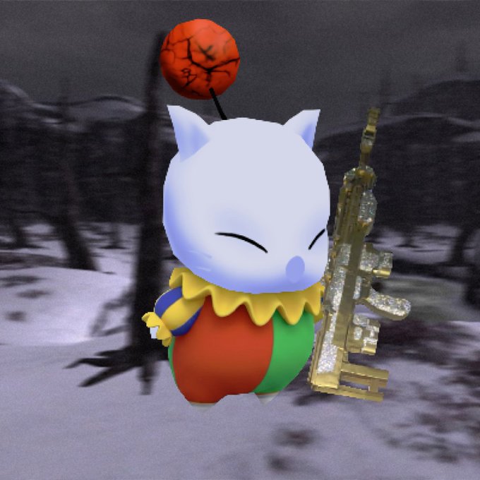 A 3D-rendered white cat character with closed eyes wearing a clown costume, holding a tree branch and balancing a red sphere on its head in a desolate landscape.
