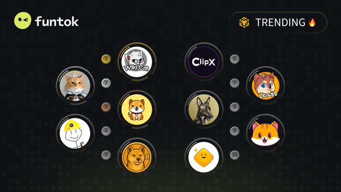 The image displays the Funtok platform's "Trending 🔥" page, showcasing a ranked list of 10 meme coin projects featuring various animal characters (a cat in a suit, Wiki Cat, ClipX, dog, Shiba Inu, rabbit, cat, lion, and duck), with BabyDoge implied as one of the trending tokens referenced in the accompanying post.