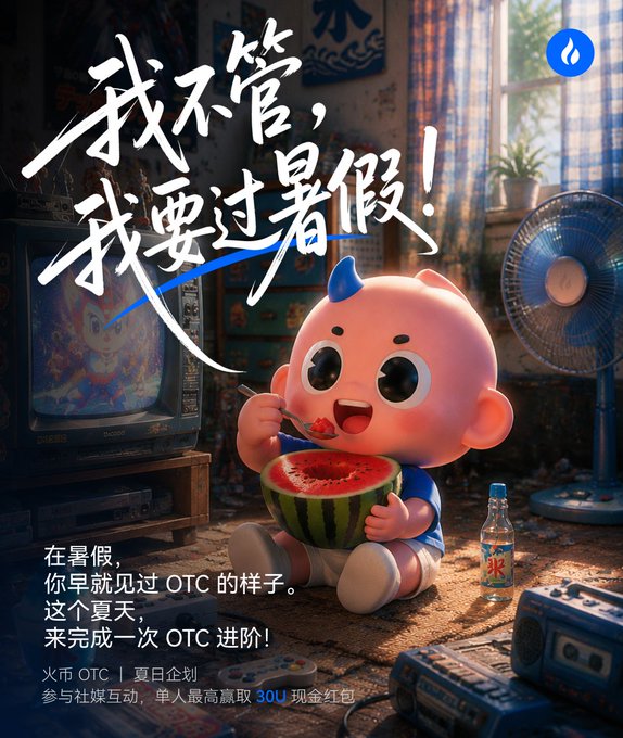 A Chinese advertisement featuring a cute cartoon baby eating watermelon with the headline '我不管，我要过暑假！' (I don't care, I want to have summer vacation!) and promotional text about OTC trading activities.