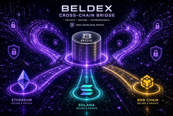 A promotional graphic for Beldex showcasing its "Cross-Chain Bridge" (2026 Summer) featuring MC Highlight, with logos for BChat, BVM, and BeL DeX, illustrating the project's push for cross-chain interoperability of its BDX token as described in the post.
