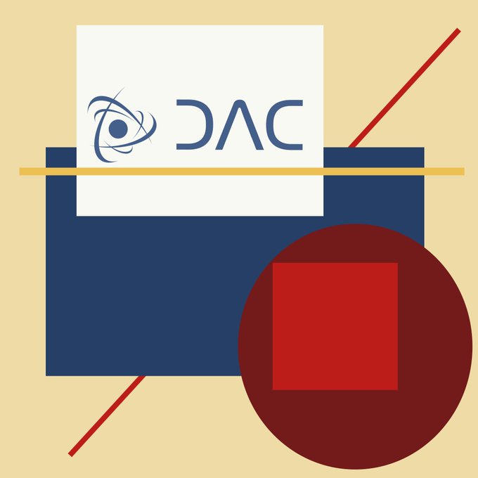 The image features a logo for DAC (Digital Assets Currency) and a red circle with a white square inside of it. The DAC logo is blue and white, while the red circle has a white square in its center. The text "DAC" is written on the circle, and "DAC" is also displayed on the logo. The image includes a line drawing of a red circle with a white square in the middle, which is positioned below the DAC logo.