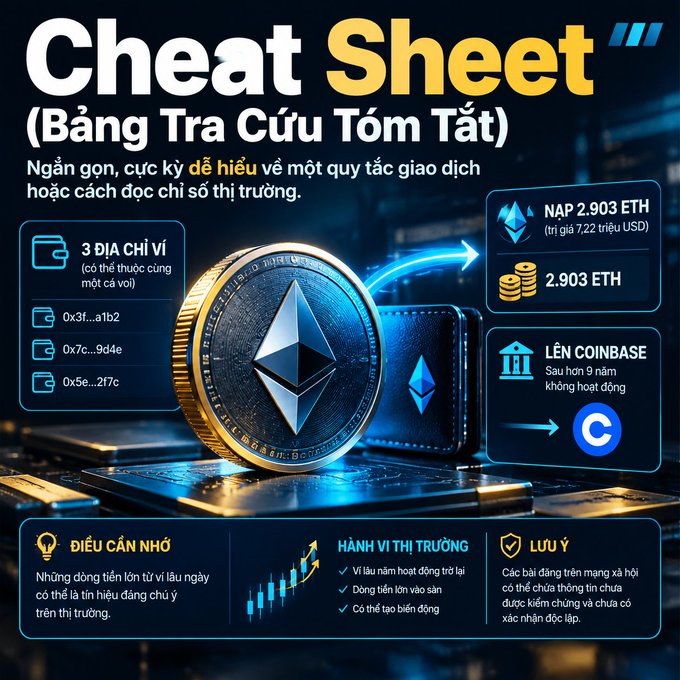 An infographic titled 'Cheat Sheet (Bảng Tra Cứu Tóm Tắt)' in Vietnamese features Ethereum imagery, showing 3 wallet addresses and instructions about receiving 2.903 ETH via Coinbase.