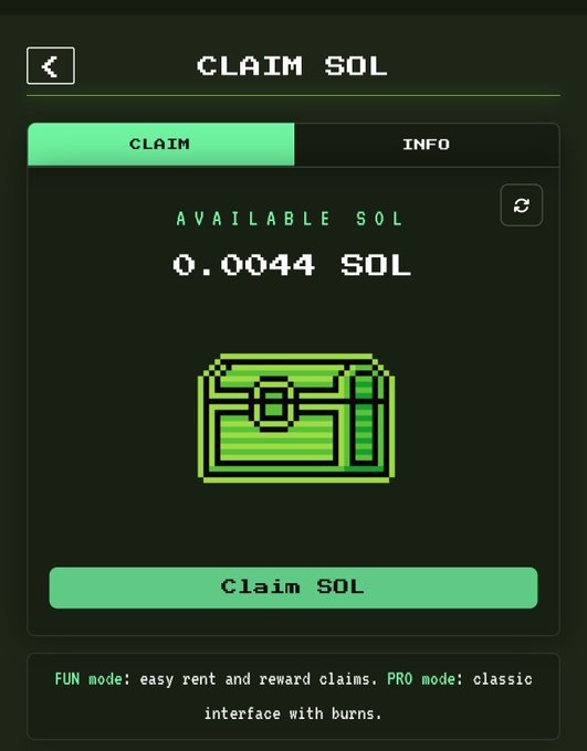 A pixel-art style app screen titled 'CLAIM SOL' showing an available balance of '0.0044 SOL' with a 'Claim SOL' button.