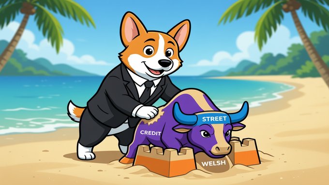 Cartoon illustration of a Corgi dog wearing a business suit pushing a purple sandcastle shaped like a bull with the words "STREET", "CREDIT", and "WELSH" on a tropical beach.