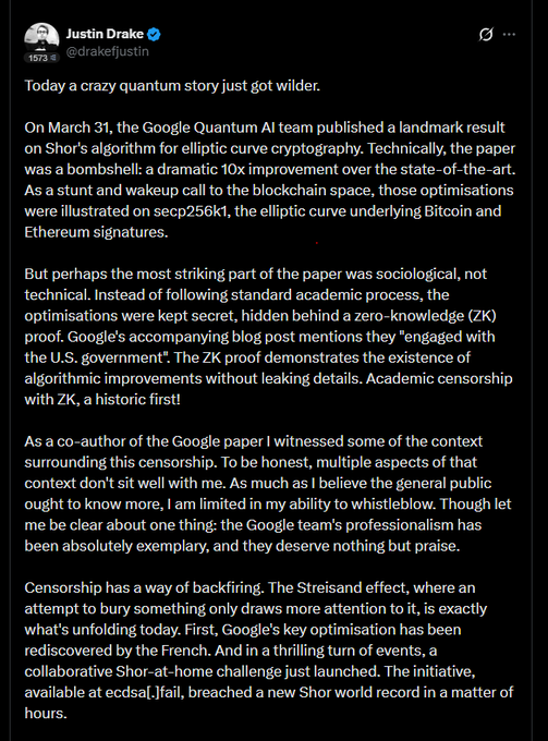 A tweet from verified user Justin Drake (@drakefjustin) discussing a 'crazy quantum story' regarding a Google Quantum AI paper on Shor's algorithm that allegedly 'engaged with the U.S. government' regarding optimizations to Bitcoin and Ethereum cryptography.