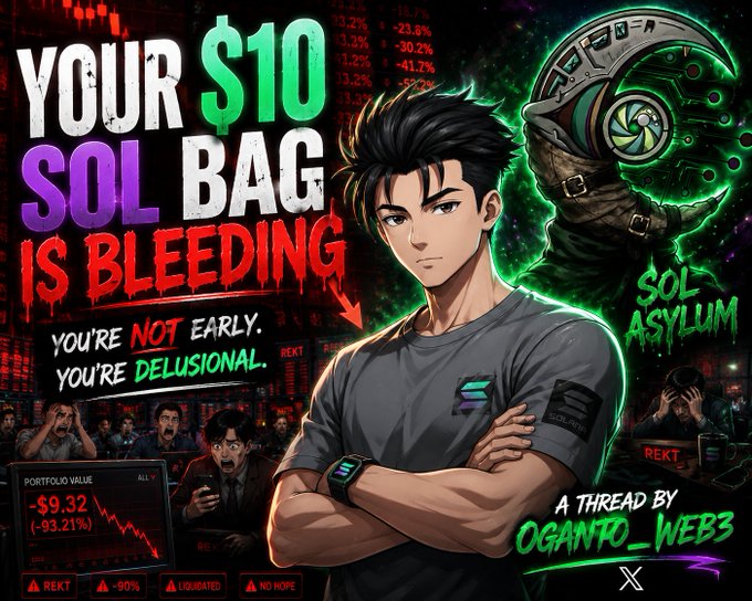 The image is a graphic of an anime that features a man with a serious expression standing next to a colorful map depicting financial data such as stock prices, stock market charts, and other economic indicators. The title text reads "Your $10 Solana bag is bleeding. Charts are red. Hopium is fading. And you’re STILL not selling? Bro... you're not early. You're DELUSIONAL." This implies that the man's Solana bag is losing money, and it seems to have no effect on his financial situation. The post is likely related to a meme or humorous account of the Solana cryptocurrency market's fluctuations.