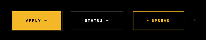 The image shows a yellow "APPLY" button, a "STATUS" button, and a "SPREAD" button against a black background, visually representing the application and review process referenced in the tweet about a $zaddr review queue with over 3,824 applications, 110 approved, and 3,687 still in queue.