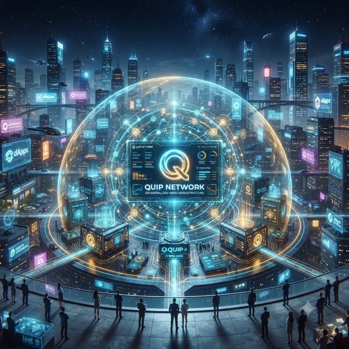 A futuristic digital art illustration featuring a glowing 'QUIP NETWORK' decentralized web infrastructure hologram in a cyberpunk cityscape, surrounded by skyscrapers with neon dApp billboards.