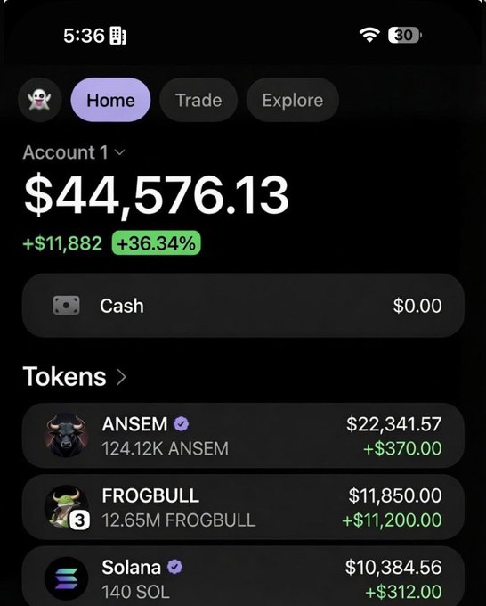 The image shows a crypto portfolio screenshot displaying a $44,576.13 total balance (+36.34%) in "Account 1," with token holdings including ANSEM ($22,341.57), FROGBULL ($11,850.00), and Solana (140 SOL worth $10,384.56). It appears to be promotional content for a Solana airdrop giveaway, with the portfolio screenshot likely serving as proof of earnings to attract participants to drop their $SOL wallets in the comments.
