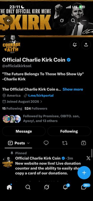 A screenshot of an X (Twitter) profile for the "Official Charlie Kirk Coin" (@officialkirksol) account, featuring the banner "THE ONLY OFFICIAL KIRK MEME $KIRK" and a pinned post about a live donation website.