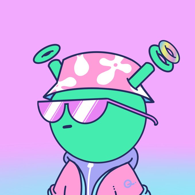 A cartoon-style green character with oversized sunglasses and a pink floral bucket hat stands against a pink and blue gradient background, matching the playful aesthetic of the Quirkies NFT collection mentioned in the post.