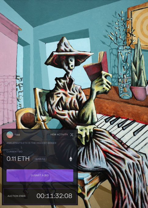 An artistic painting of a wizard-like figure in a pointed hat reading a book at a piano is overlaid with an NFT auction interface showing a current bid of "0.11 ETH" by user "anklepants.eth."