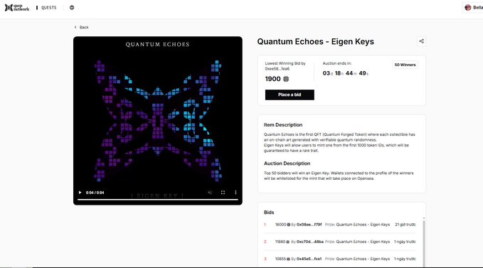 A webpage screenshot from an NFT auction site showing 'Quantum Echoes - Eigen Keys,' a quantum-themed digital artwork with bids around 19,000 and an auction ending in roughly 3 days.