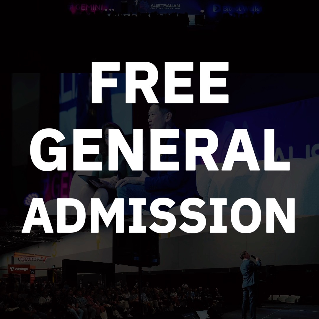 Large white text reads 'FREE GENERAL ADMISSION' overlaid on a dimly lit conference stage with an audience and a large screen showing two speakers.