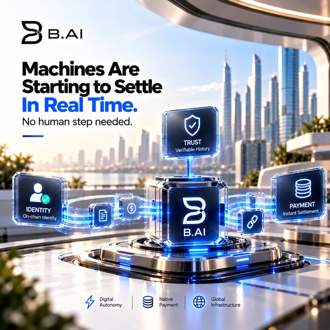 A futuristic advertisement for B.AI displaying the text 'Machines Are Starting to Settle In Real Time. No human step needed,' with floating holographic icons for Identity, Trust, and Payment.