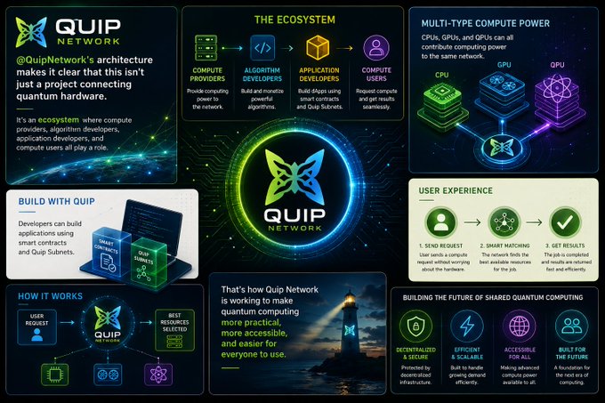 An infographic for 'QUIP NETWORK' explains its ecosystem of compute providers, algorithm developers, application developers, and users, highlighting features like multi-type compute power (CPU, GPU, QPU) and user experience for building decentralized quantum computing applications.