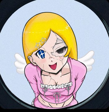 A circular cartoon illustration depicts a blonde anime-style girl with a cracked porcelain face, a blue star-shaped eye, and small white wings, wearing a pink top.