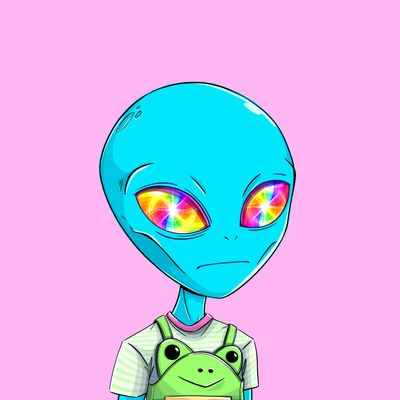 A cartoon alien with a large blue head and tie-dye eyes wearing a green frog overalls shirt against a pink background.