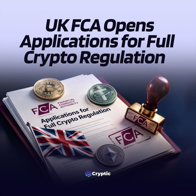 The image is a promotional graphic featuring an application document titled "Applications for Full Crypto Regulation" alongside the Financial Conduct Authority (FCA) logo, a British flag, and physical representations of Bitcoin, Tether, and Ethereum coins, with a wooden FCA stamp—visually symbolizing the UK's new regulatory framework for crypto firms outlined in the accompanying post.