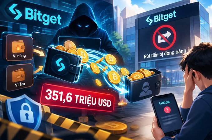 A graphic depicting a cryptocurrency theft shows a hooded figure stealing Bitcoin, with the Bitget logo, Vietnamese text 'Rút tiền bị đóng băng' (Withdrawal frozen), and a warning figure of '351,6 TRIỆU USD' (351.6 million USD).