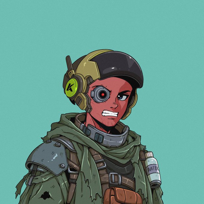A digital illustration of a red-skinned cyborg character wearing a yellow and black helmet with green headphones, a tattered green cloak, and a water bottle attached to their gear.