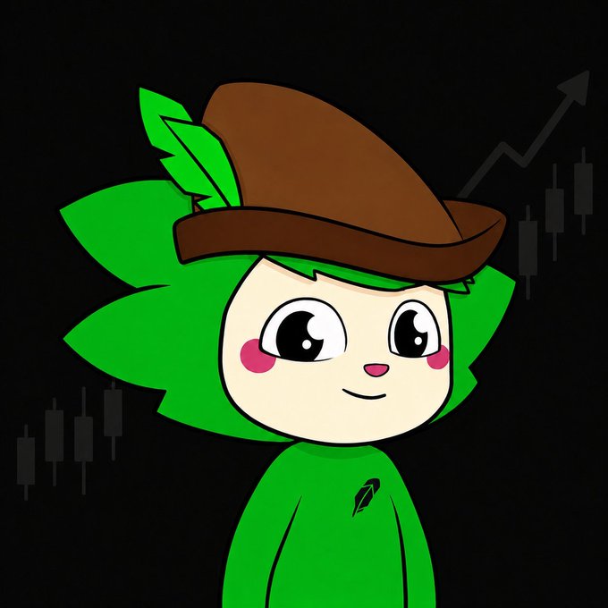 A cartoon avatar of a green-haired character wearing a brown cowboy hat, set against a dark background with a rising stock chart pattern.