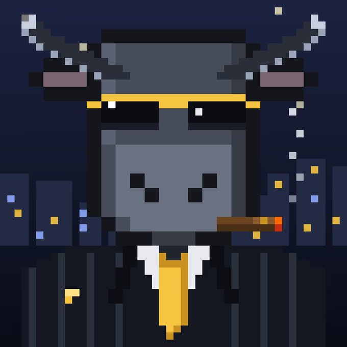 A pixel art image of a grey bull wearing a suit and tie, smoking a cigar against a dark city skyline at night.