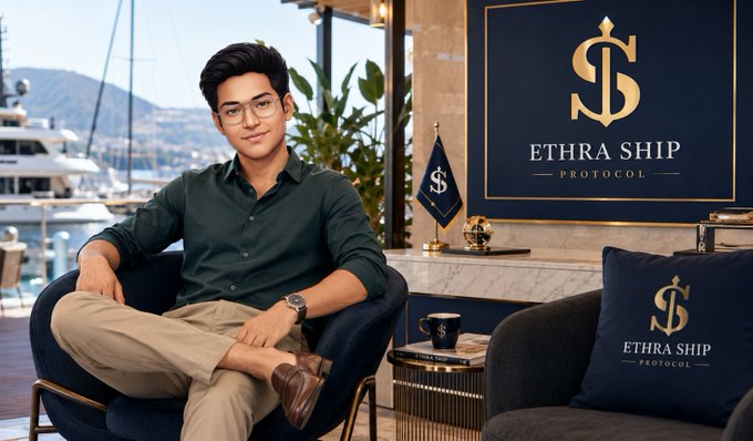 A young man in glasses sits relaxed in a navy chair on a yacht, surrounded by "ETHRA SHIP PROTOCOL" branding featuring a gold anchor-dollar logo on banners, a pillow, and a coffee mug, visually reinforcing the post's focus on Ethra Ship Protocol's Harbor product and its reliance on third-party infrastructure like Privy, Morpho, and Base rather than building everything in-house.