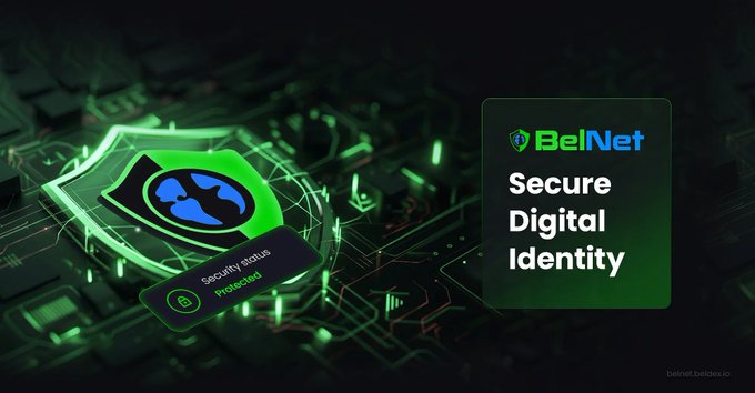 A promotional graphic for 'BelNet' displaying 'Secure Digital Identity' with a green glowing shield icon showing 'Security status: Protected' against a dark circuit board background.