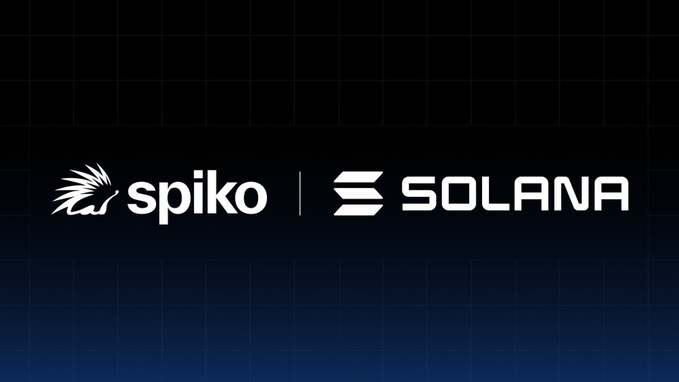 The image displays the Spiko and Solana logos side by side on a dark blue grid background, visually representing the partnership announcement that Spiko has launched on Solana to enable native minting, transfers, and redemptions for its $800M SAFO tokenized money market fund managed by Amundi.
