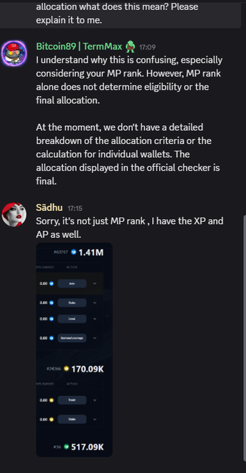 A Discord chat conversation where Bitcoin89 explains MP rank doesn't determine final allocation, and Sādhu shares a screenshot showing their MP earned (1.41M), XP earned (170.09K), and AP earned (517.09K).