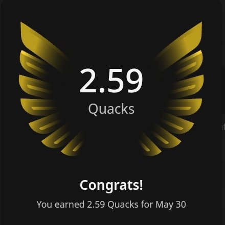 The image features a gold-colored bird's wing with the text "Congratulations! You earned 2.59 Quacks for May 30" written below it, indicating that someone has achieved a high score or completed a task related to the Quack Quack game. The post is about celebrating this accomplishment and congratulating the player on their achievement.