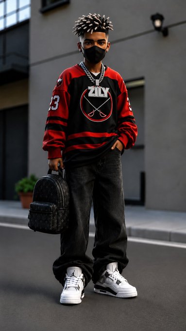 A young person wearing a red and black hockey jersey with "ZILLY" and a crossed-sticks logo, black pants, white sneakers, a face mask, and dreadlocks, holding a designer backpack on a street.