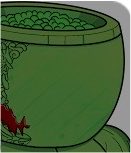 A pixelated, close-up view shows the edge of a green, textured bowl or cauldron with a dark red stain resembling blood.