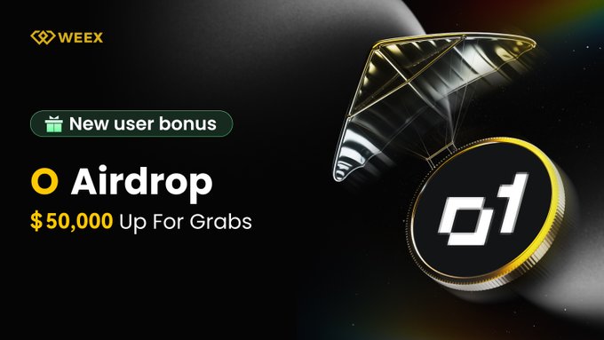 This image advertises a WEEX "O Airdrop" with "$50,000 Up For Grabs," featuring a "New user bonus" that aligns with the provided promotional text about an airdrop for new users and trading rewards.