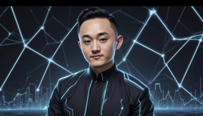 AI-generated portrait of an East Asian man with short dark hair wearing a futuristic black jacket with glowing blue circuit lines, against a digital network/cityscape background.