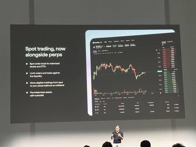 A presenter stands on stage beside a large screen displaying a slide titled "Spot trading, now alongside perps," which lists features including "Spot order book for tokenized stocks and ETFs," "Limit orders and trade against live liquidity," "Move eligible holdings from spot to your perps balance as collateral," and "Permissionless assets, self-custodial," alongside a dark-themed trading interface with a candlestick chart and order book.