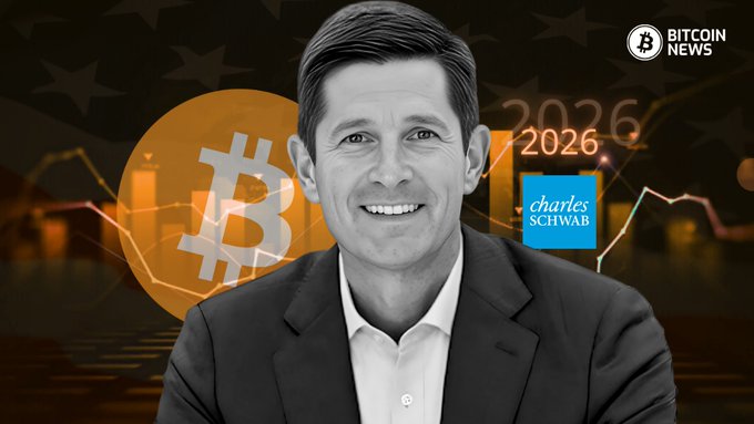 A black-and-white photo of Charles Schwab CEO Rick Wurster smiling, overlaid with a Bitcoin logo, "2026," a Charles Schwab logo, and a "Bitcoin News" watermark, illustrating the company's expansion into cryptocurrency trading for all clients.