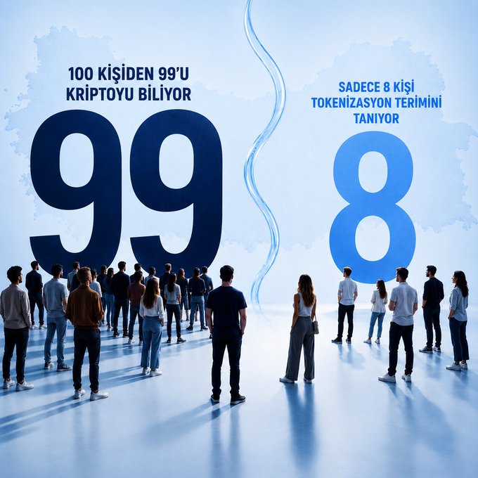 An infographic comparing crypto knowledge and tokenization awareness, showing 99 out of 100 people know crypto, but only 8 people know the term tokenization, with crowds of people standing below the numbers.