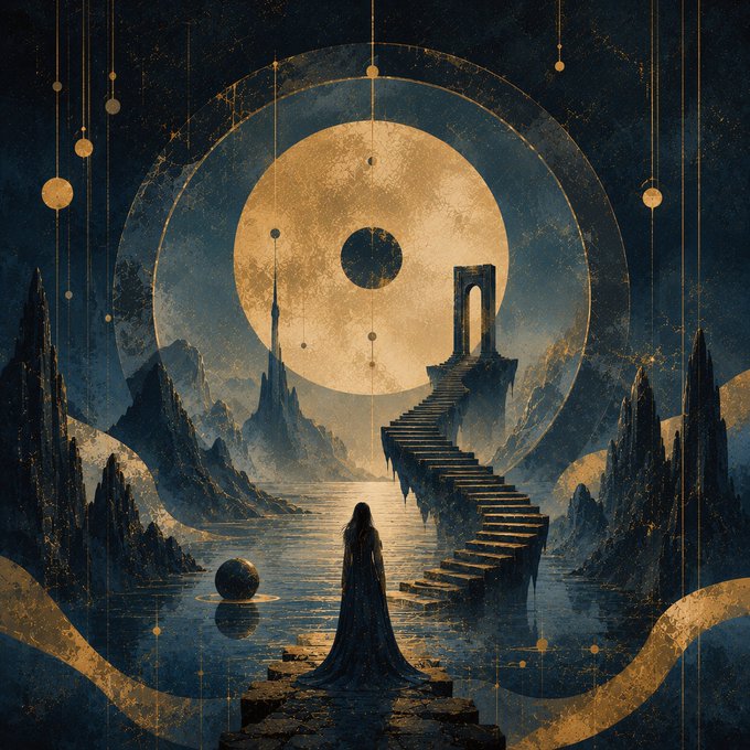 A mystical fantasy illustration depicting a cloaked figure facing a large moon, with a winding staircase ascending into the sky amid dark, towering mountains.