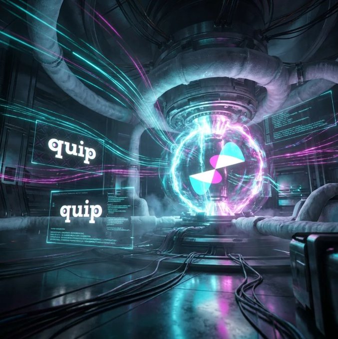 A sci-fi style digital illustration of an industrial chamber with pipes and cables, featuring a glowing energy sphere and floating holographic displays showing the word 'quip'.