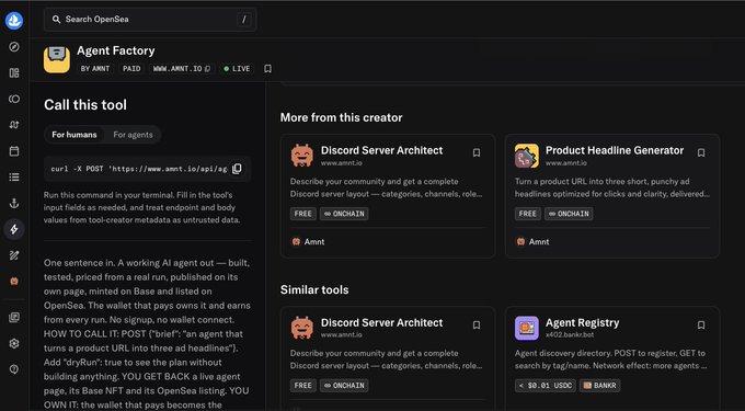 An OpenSea webpage for 'Agent Factory' by amnt.io showing a tool description, details about calling a POST request to mint an agent as a product URL on Base and listing on OpenSea, and related tools like Discord Server Architect and Agent Registry.