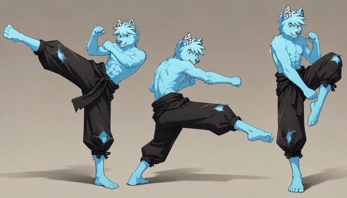 The image features a man wearing blue pants, doing karate moves with his arms raised. The photo is part of a series of three images showcasing different poses for the same character. The series includes various poses such as one where the man has his arms crossed in front of him and another where he is holding a sword. These images are related to a post about a streaming platform called Wolfswap, which is looking for streamers who can create engaging content through games. The streamers will be focusing on creating videos centered around the game tournament's theme, "walfage" as indicated by the image caption.