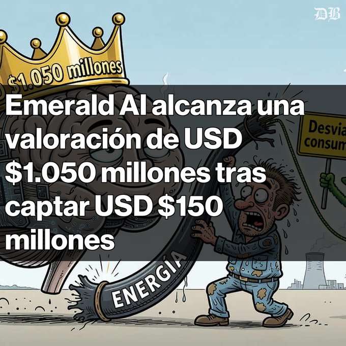 Cartoon illustration depicting a crowned ball of toxic sludge wearing a crown labeled "$1.050 millones" holding a hose labeled "ENERGIA", with Spanish text overlay reading "Emerald AI alcanza una valoración de USD $1.050 millones tras captar USD $150 millones".