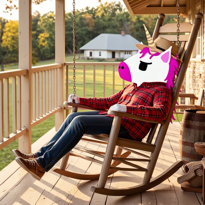 An image of a humanoid unicorn character wearing a red plaid shirt, jeans, and a straw hat, relaxing in a wooden rocking chair on a porch.