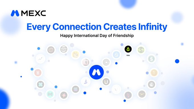 A promotional graphic for MEXC cryptocurrency exchange with the text 'Every Connection Creates Infinity' and 'Happy International Day of Friendship' over an infinity symbol made of various crypto coin logos.