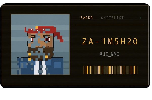 A digital pixel art card featuring a pirate character with a red bandana, labeled 'ZADDR WHITELIST' with the code 'ZA-1M5H20' and handle '@JI_MMO'.