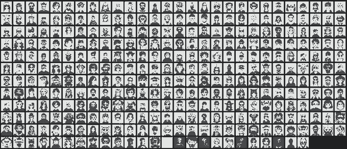 A grid displaying hundreds of small, pixelated black-and-white character sprites, each featuring unique variations in hairstyles, facial features, and accessories, representing a collection of "Normies" characters.