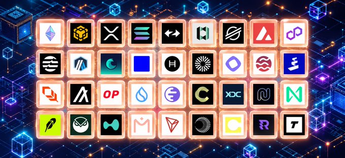 A grid of 32 various cryptocurrency and blockchain project logos displayed on a glowing, tech-themed background with circuit patterns.