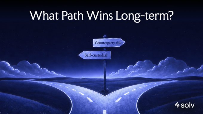 The image shows a sign with two arrows pointing in opposite directions, one labeled "What Path Wins Long-Term?" and the other saying "Self Custodial Risk". This suggests that there are different approaches or strategies for managing risks associated with Bitcoin, such as relying on self-custodial storage or using sophisticated counterparty risk models. The post is promoting a more advanced approach to Bitcoin management compared to traditional methods of storing Bitcoins in centralized banks or exchanges.